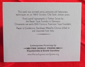 Descriptive panel on back of 2015 holiday greeting card from The Norlu Press.